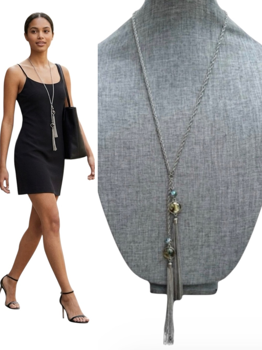Silver Lariat Tassel Necklace Abalone Circle Charms Y-Necklace Boho Vintage